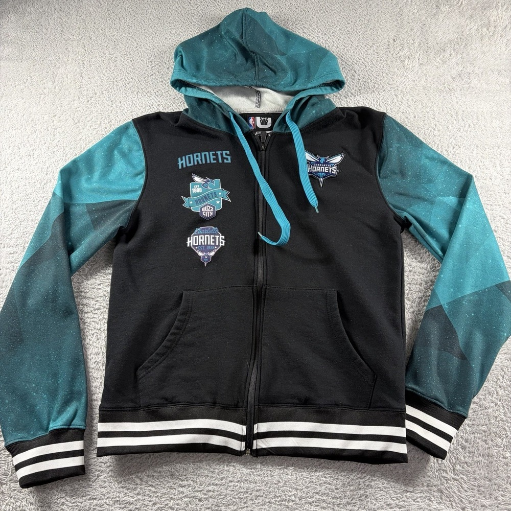 Charlotte Hornets Hoodie Mens Large Full Zip Black Blue Graphic Color Block NBA